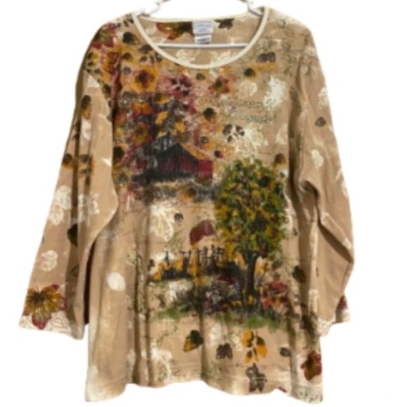 WOMEN’s MULTI NATURE PAINTING AUTUMN LANDSCAPE INSPIRED PRINT SHIRT Size-2X - Picture 1 of 6